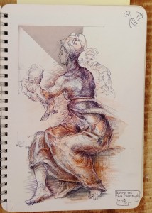 2023 - Vzpomínka na Michelangella, pero, pastelka a tužka, 20 x 15 cm